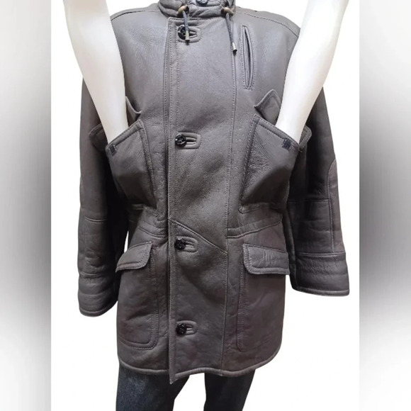 Zaklady Futrzarskie Vintage  Gray Leather Sherpa Lined Coat Size 52 - Picture 7 of 14
